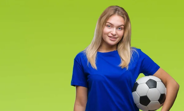 Giovane Donna Caucasica Che Tiene Pallone Calcio Sfondo Isolato Con — Foto Stock