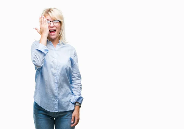 Ung Vacker Blond Affärskvinna Glasögon Över Isolerade Bakgrund Som Täcker — Stockfoto