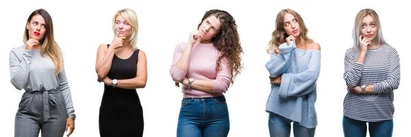 Collage Van Jonge Mooie Vrouwen Geïsoleerde Achtergrond Met Hand Kin — Stockfoto