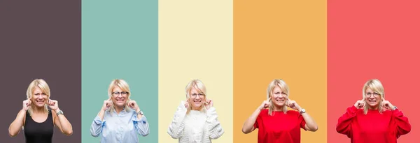 Коллаж Красивой Блондинки Винтажном Изолированном Фоне Покрывает Уши Пальцами Раздраженным — стоковое фото