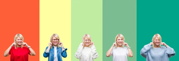 Коллаж Красивой Блондинки Ярком Винтажном Изолированном Фоне Покрывает Уши Пальцами — стоковое фото