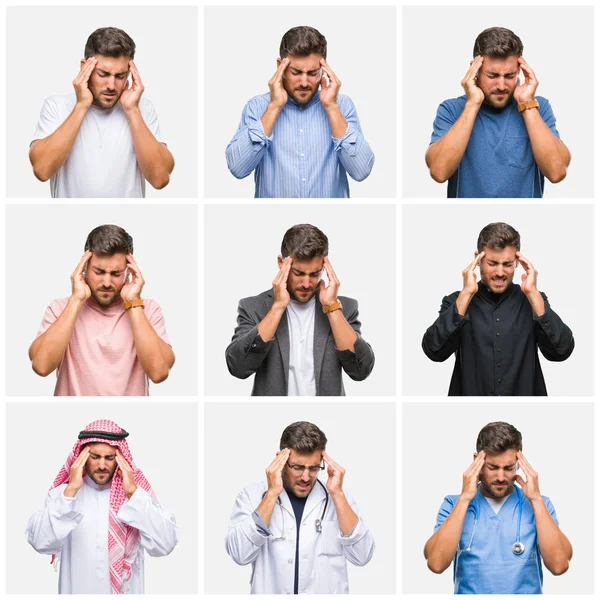 Kolaż Młody Lekarz Emiraty Działalności Człowieka Białym Tle Ręki Głowie — Zdjęcie stockowe