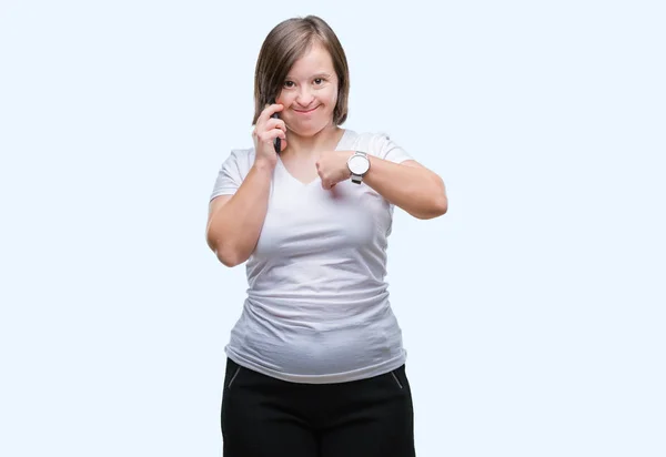 Mujer Adulta Joven Con Síndrome Tomando Uso Teléfono Inteligente Sobre — Foto de Stock