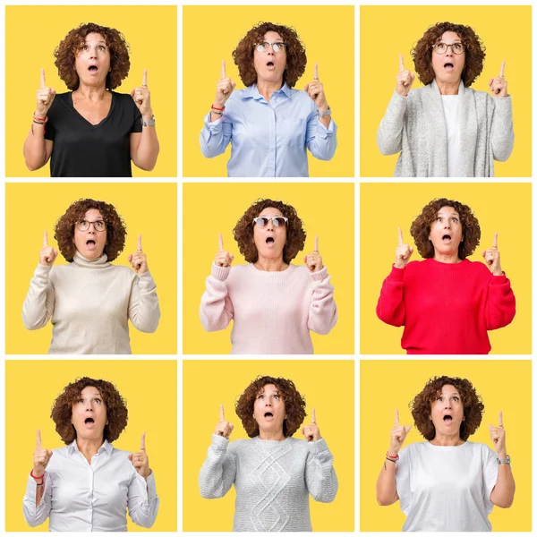 Collage Van Senior Vrouw Van Middelbare Leeftijd Gele Geïsoleerde Achtergrond — Stockfoto