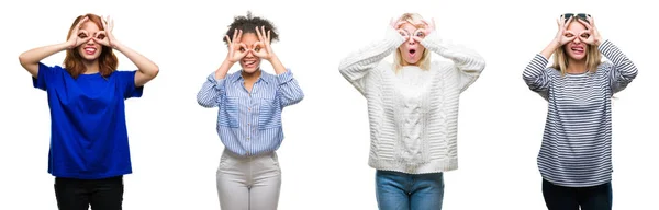 Collage Gruppen Vacker Casual Kvinna Över Isolerade Bakgrund Gör Gest — Stockfoto