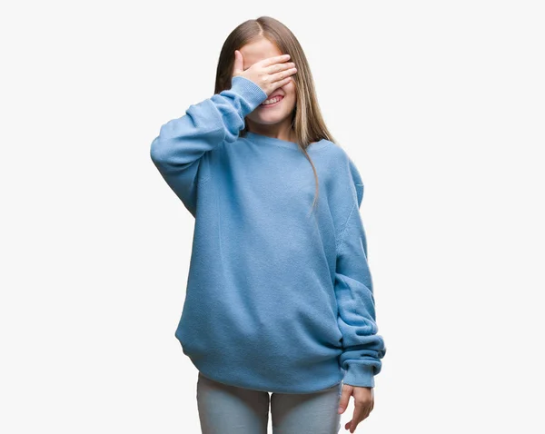 Ung Vacker Flicka Klädd Vinter Tröja Över Isolerade Bakgrund Ler — Stockfoto