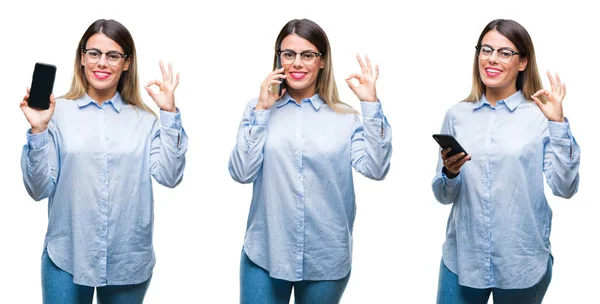 Kolaż Kobieta Młody Biznes Pomocą Smartfona Białym Tle Robi Znak — Zdjęcie stockowe