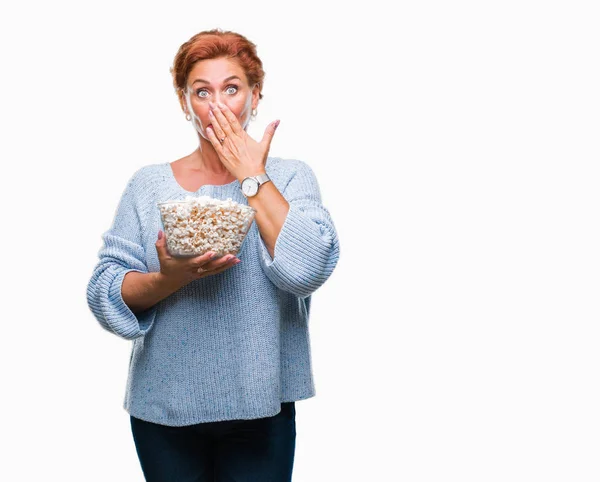 Atrractive Senior Caucasian Redhead Woman Eating Popcorn Isolated Background Cover — Stock Photo, Image