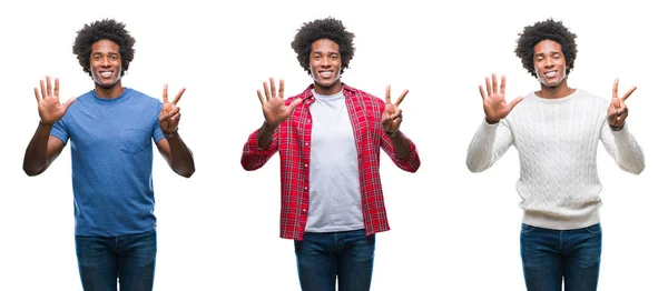 Colagem Afro Americano Jovem Bonito Homem Sobre Fundo Isolado Mostrando — Fotografia de Stock