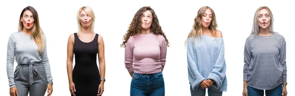 Collage Van Jonge Mooie Vrouwen Geïsoleerde Achtergrond Maken Vis Gezicht — Stockfoto