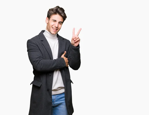 Young Elegant Man Wearing Winter Coat Isolated Background Smiling Happy — Stock Photo, Image