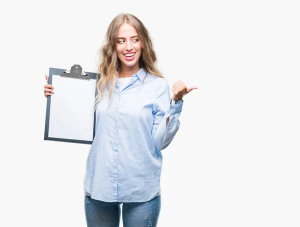 Beautiful Young Blonde Business Woman Holding Clipboard Isolated Background Pointing — Stock Photo, Image