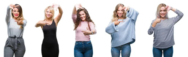 Colagem Jovens Mulheres Bonitas Sobre Fundo Isolado Sorrindo Fazendo Quadro — Fotografia de Stock