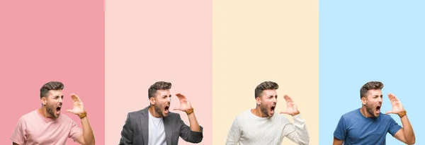 Collage Handsome Young Man Colorful Stripes Isolated Background Shouting Screaming — Stock Photo, Image