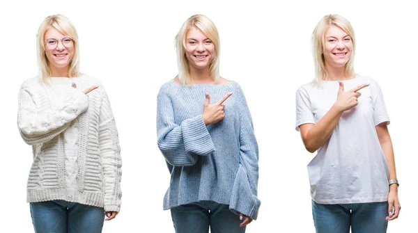 Kolaż Piękna Kobieta Blonde Swetrze Zima Białym Tle Wesoły Uśmiech — Zdjęcie stockowe