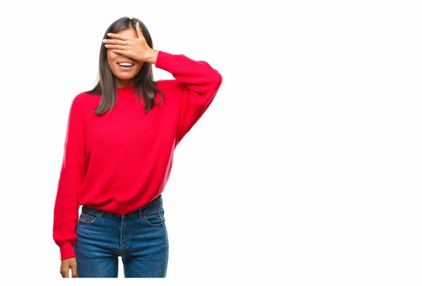 Mujer Asiática Joven Vistiendo Suéter Invierno Sobre Fondo Aislado Sonriendo — Foto de Stock