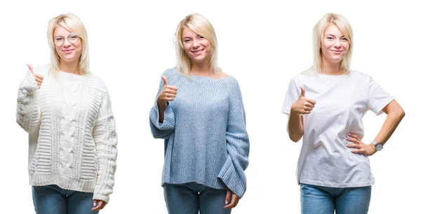 Collage Vacker Blond Kvinna Iförd Vinter Tröja Över Isolerade Bakgrund — Stockfoto