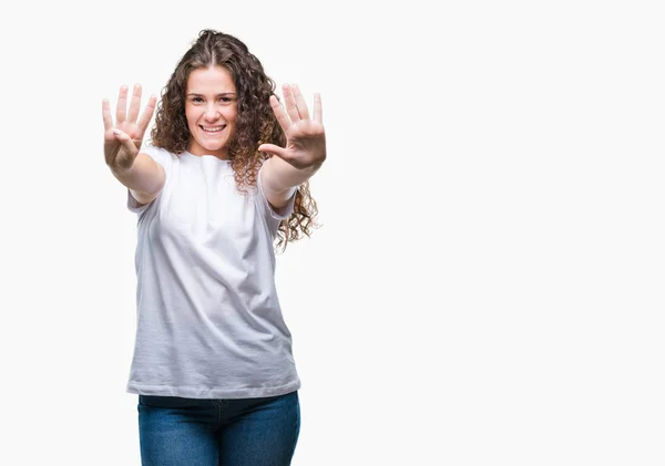 Schöne Brünette Lockige Haare Junge Mädchen Trägt Lässiges Shirt Über — Stockfoto