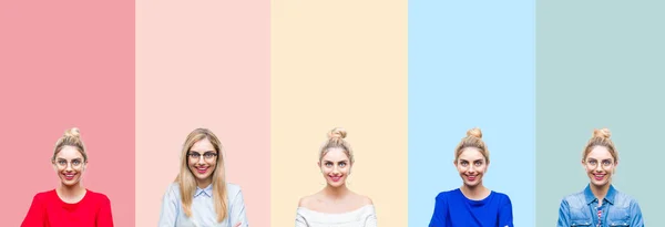 Collage Vacker Blond Kvinna Över Färgglada Ränder Isolerade Bakgrund Glada — Stockfoto