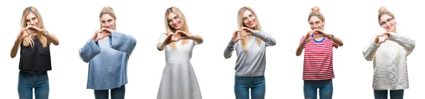 Kolaj Genç Güzel Sarışın Kadının Kalp Simgesi Elleriyle Şekil Gösterilen — Stok fotoğraf