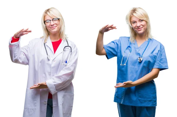 白で医師や看護師の女性のコラージュは 背景がメジャー シンボル兆し大きな 大きなサイズの手でジェスチャーを分離しました カメラを見て笑っています 測定概念 — ストック写真