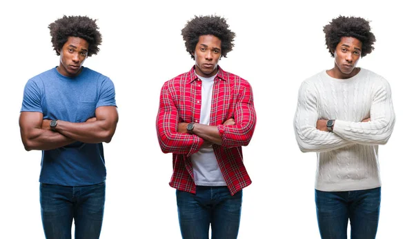 Collage Afroamerikanska Ung Stilig Man Över Isolerade Bakgrund Skeptiker Och — Stockfoto
