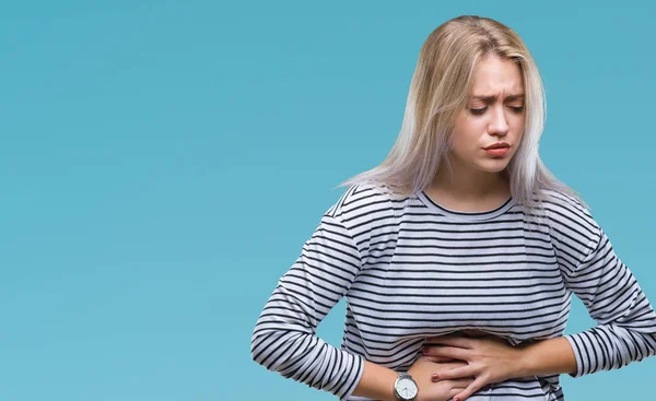 Mujer Rubia Joven Sobre Fondo Aislado Con Mano Estómago Porque — Foto de Stock