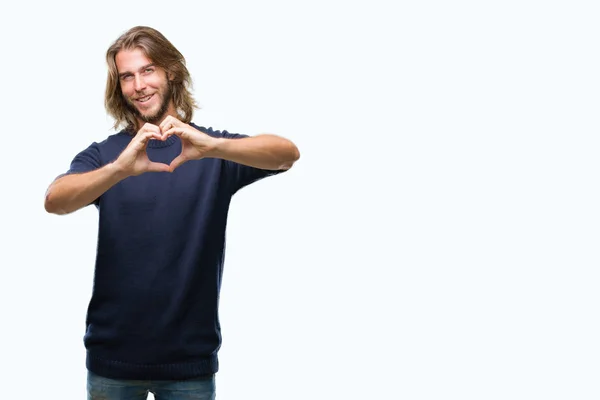 Junger Gutaussehender Mann Mit Langen Haaren Der Einen Winterpullover Über — Stockfoto