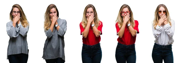 Colagem Jovem Bela Mulher Loira Sobre Fundo Isolado Chocado Cobrindo — Fotografia de Stock