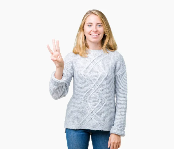 스웨터 배경에 보여주는 손가락으로 가리키는 자신감과 — 스톡 사진