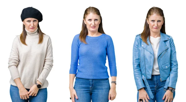 Collage Vackra Medelålders Kvinna Över Isolerade Bakgrund Skeptiker Och Nervös — Stockfoto