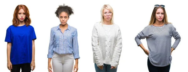 Collage Gruppo Bella Donna Casuale Sfondo Isolato Depresso Preoccupazione Angoscia — Foto Stock