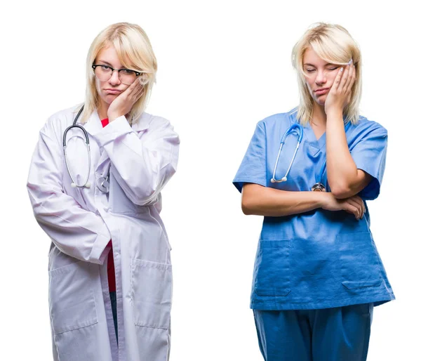 Collage Läkare Och Sjuksköterska Kvinna Över Vit Isolerade Bakgrund Tänkande — Stockfoto