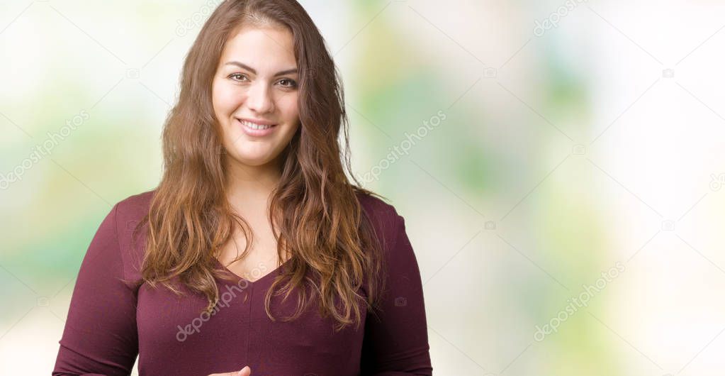 Beautiful and attractive plus size young woman wearing a dress over isolated background Hands together and fingers crossed smiling relaxed and cheerful. Success and optimistic