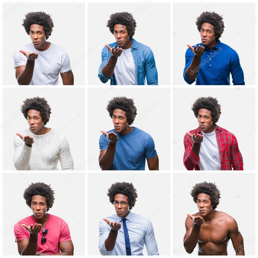 Collage of young african american man over isolated background looking at the camera blowing a kiss with hand on air being lovely and sexy. Love expression.