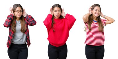 Her iki kulak jest, dedikodu için meraklı ellerde dinliyoruz izole arka plan güzel genç kadın kolaj. İşitme sorunu, sağır