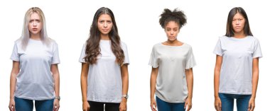 Kolaj grup izole arka plan şüpheci ve sinir, papatyanın üzgün sorun nedeniyle Çin, Arap, Afrikalı-Amerikalı kadın. Negatif kişi.