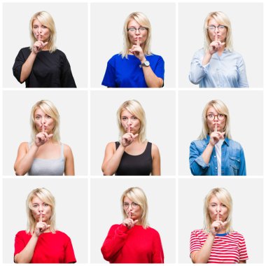 Dudaklarında parmak ile sessiz olmanı izole arka plan üzerinde değişik rahat görünüyor giyen güzel sarışın kadın kolaj. Sessizlik ve gizli kavramı.