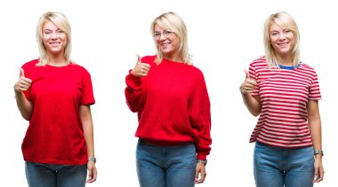 Kolaj bir hareketi el ile mutlu yaşasın yapıyor izole arka plan üzerinde rahat kırmızı giyen güzel sarışın kadın. Kameraya bakarak başarı gösteren ile ifade onaylama.