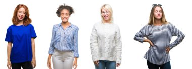 Seksi bir ifadeyle, neşeli ve mutlu yüzünü kameraya bakarak göz kırpıyor izole arka plan güzel casual kadın Grubu'nun kolaj.