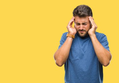 Çünkü genç yakışıklı adam arka plan baş baş ağrısı için el ile izole stres. Migren muzdarip.