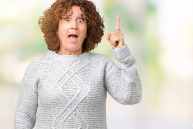 Başarılı fikirle parmağı yukarıyı izole arka plan üzerinde güzel orta ager kadın kıdemli giyen kış kazak. Çıktıktan ve mutlu. Bir numara.