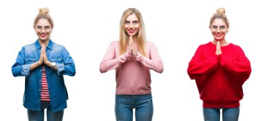 Genç güzel sarışın kadının birlikte emin gülümseyen bağışlanmak ellerle dua izole arka plan üzerine kolaj.