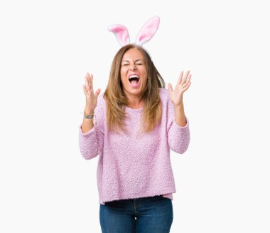 Orta yaş esmer kadın deli ve silah ile başarı için deli kutluyor izole arka plan üzerinde Paskalya tavşan kulakları giyen kaldırdı ve heyecanlı çığlık gözler kapalı. Kazanan kavramı