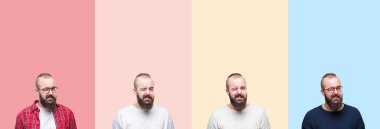 Seksi bir ifadeyle, neşeli ve mutlu yüzünü kameraya bakarak göz kırpıyor renkli çizgili izole arka plan üzerinde sakallı genç adam kolaj.