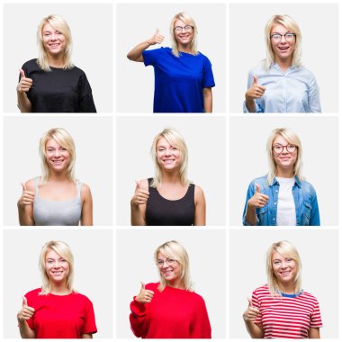 Kolaj bir hareketi el ile mutlu yaşasın yapıyor izole arka plan üzerinde değişik rahat görünüyor giyen güzel sarışın kadın. Kameraya bakarak başarı gösteren ile ifade onaylama.