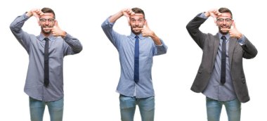 İspanyol Genç iş adamı elle yapma çerçeve ve parmakları ile mutlu yüz gülümseyen izole arka plan üzerinde kolaj. Yaratıcılık ve Fotoğrafçılık kavramı.