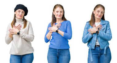 Kolaj üzerinde izole arka plan ile gülümseyen güzel orta yaş kadın kapalı gözler ve yüzünde minnettar jest ile göğüs üzerinde eller. Sağlık kavramı.