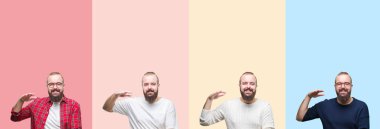 Kolaj üzerinde renkli çizgili sakallı genç adam bir arka plan ile büyük ve büyük boy işaret, ölçü birimi sembol gösteren el eller izole. Kameraya bakarak gülümsüyordu. Ölçüm kavramı.