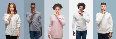 Kolaj grup dudaklarında parmak ile sessiz olmanı antika arka plan üzerinde kış kazak giyen Afro-Amerikan ve İspanyol insan. Sessizlik ve gizli kavramı.